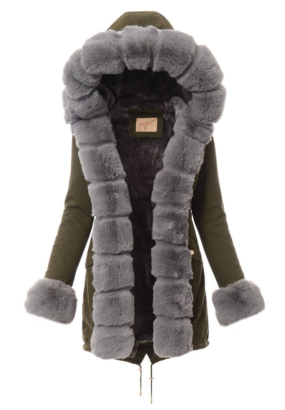 Parka Zimowa Khaki Z Szarym Futerkiem B502