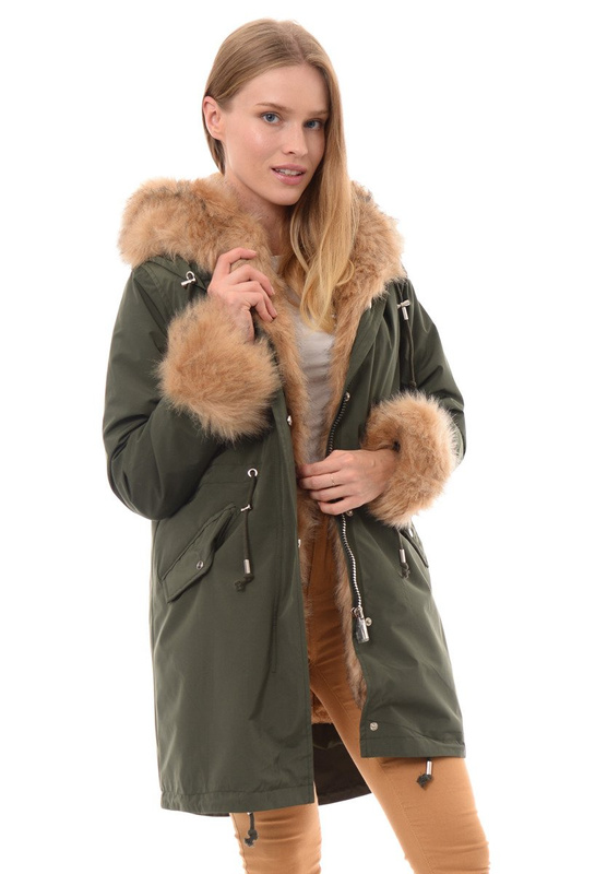 Kurtka Zimowa Damska Parka 2w1 Zielona Z Brązowym Futerkiem W250